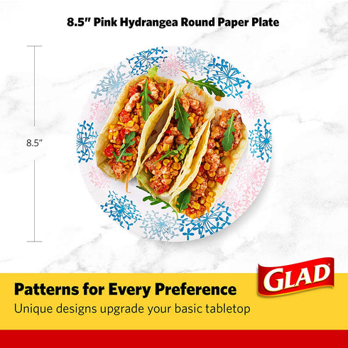 Glad Round Disposable Paper Plates for All Occasions | Soak Proof, Cut Proof, Microwaveable Heavy Duty Disposable Plates | 8.5" Diameter, 50 Count Bulk Paper Plates, Pink Hydrangea | Glad Paper Plates