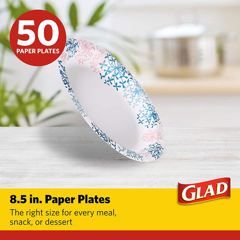 Glad Round Disposable Paper Plates for All Occasions | Soak Proof, Cut Proof, Microwaveable Heavy Duty Disposable Plates | 8.5" Diameter, 50 Count Bulk Paper Plates, Pink Hydrangea | Glad Paper Plates