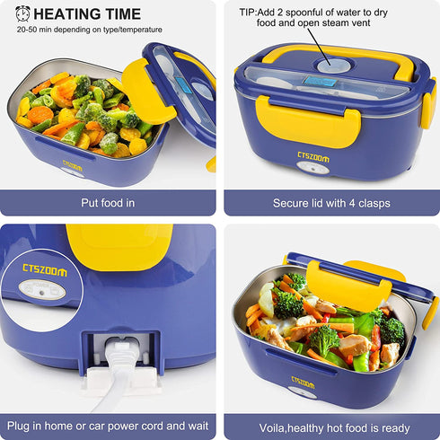 Electric Lunch Box -- Toursion Portable Food Heater 2 in 1 for Car/Truck and Work 110V&12V-24V 40W, Removable Stainless Steel Portable Food Warmer 1.5L, Spoon and 2 Compartments Included (Dark Blue)