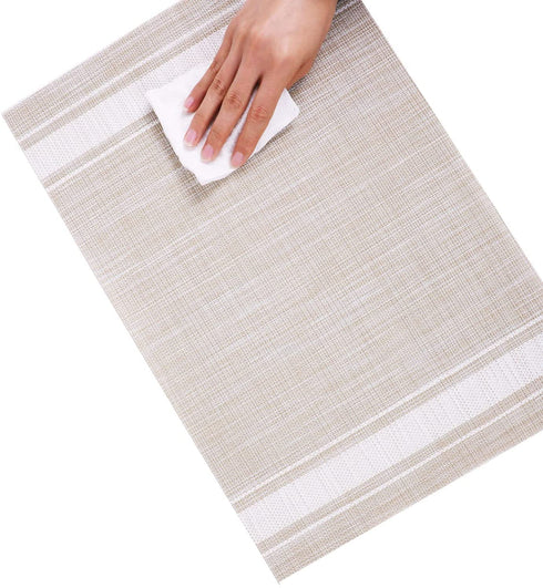 BIOINLIVING Placemats Set of 4 for Dining Table Washable Square Vinyl Placemat Non-Slip Heat Resistant Kitchen Striped Table Mats Easy to Clean 18 x 12 Inch, Beige