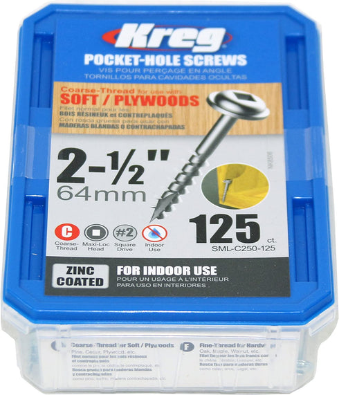 Kreg SML-C250-125 Pocket Screws, 2-1/2" #8 Coarse-Thread, Washer-Head (125 Count)