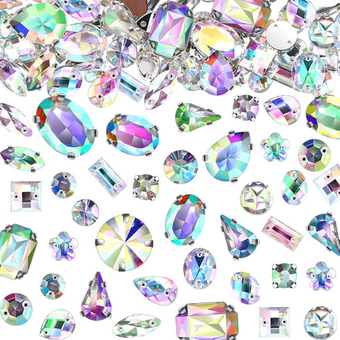 320 Pieces Sew on Rhinestone Sew Crystals Acrylic Gems Sewing Claw Rhinestone Flatback Gemstones with Hole Silver Prong in Mix Shape Mixed Size for DIY Crafts Clothes Shoes Bag Decoration (Crystal AB)