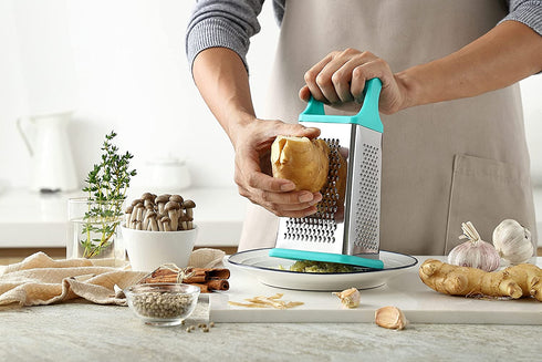 Marco Almond KYA57B Box Grater,Stainless Steel Grater with 4 Sides,Slicer 5 Piece Set, Potato,Cheese,Cucumber,Salad Vegetables Graters Peelers, Dishwasher safe, Turquoise
