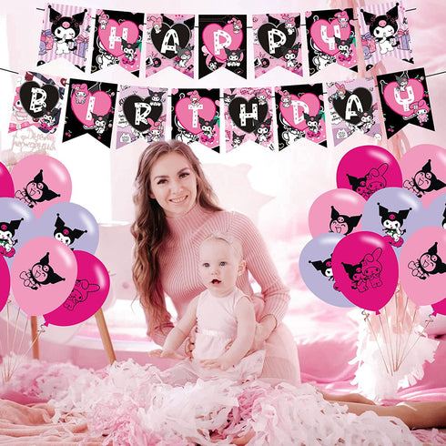 Kuromi Party Decorations,Birthday Party Supplies For Kuromi Party Supplies Includes Banner - Cake Topper - 12 Cupcake Toppers - 18 Balloons - 50 Kuromi Stickers