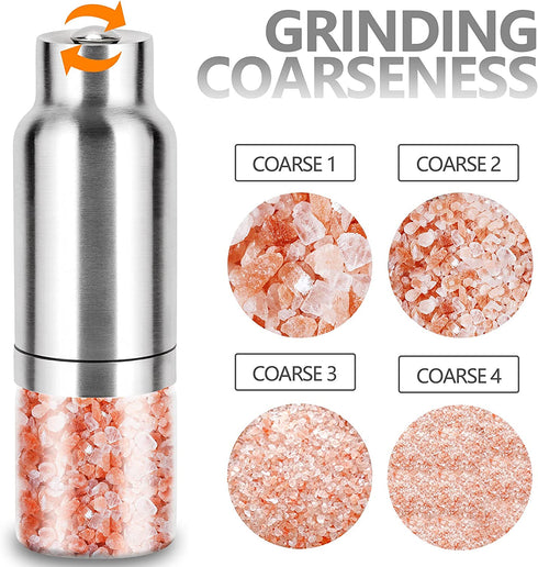 JXXM Gravity Electric Salt and Pepper Grinder Set, Automatic One Hand Pepper Mill Grinder with Battery Operated 2 Pack