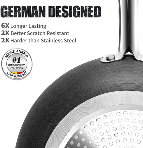 MICHELANGELO Small Frying Pan with Lid, Hard Anodized Frying Pan Nonstick, 8 Inch Frying Pan with Granite-derived Coating, 8 Inch Skillet with Lid, Nonstick Frying Pan with Lid