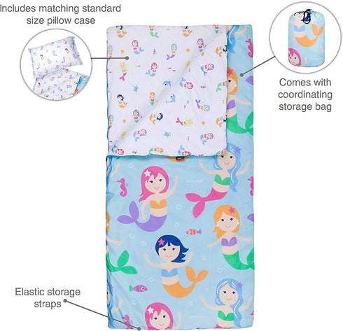 Wildkin Kids Microfiber Sleeping Bag for Boys and Girls, Includes Pillow Case and Stuff Sack, Perfect Size for Slumber Parties, Camping and Overnight Travel, BPA-free, Olive Kids (Mermaids)