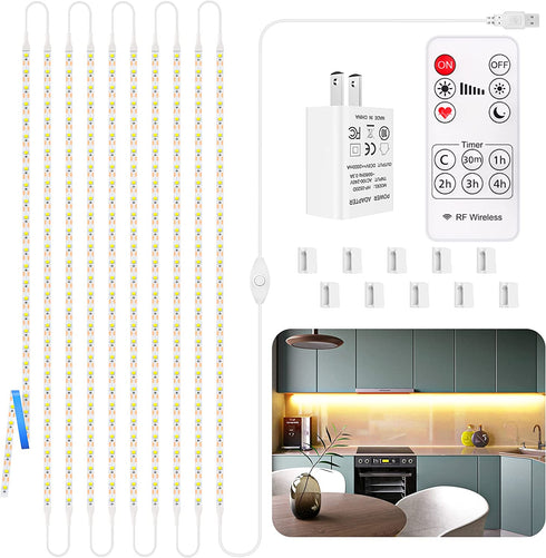 Under Cabinet Lights, 10 PCS LED Strip Lighting for Kitchen 16.4ft Dimmable with Remote Control and Adapter, Timing Warm White Under Counter Lights for Kitchen Closet Bookshelf Bedroom - 3000K