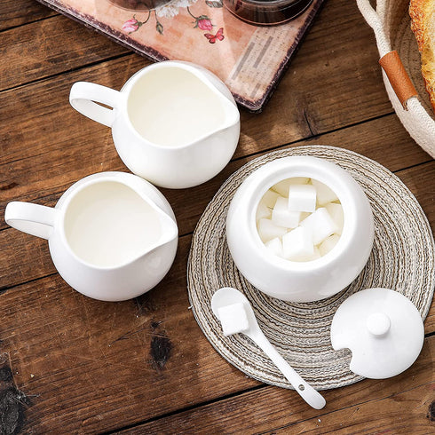 12 OZ Porcelain Sugar and Creamer Set Serving for Coffee Tea, 2 Pack Cream Pitcher with 1 Pack Sugar Bowl with Lid Spoon, White