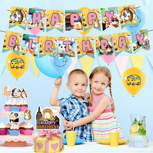 82 Pcs Guinea Pig Theme Birthday Party Decorations,Party Supply Set for Kids with 1 Happy Birthday Banner Garland , 13 Cupcake Toppers,50 Stickers ,18 Balloons for Party Decorations