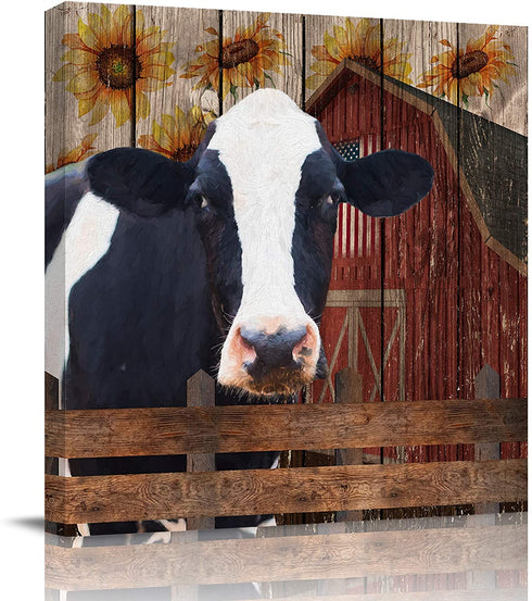 Farmhouse Cow Canvas Print Wall Art Oil Paintings Creative Picture Prints Artwork for Home Bedroom Bathroom Decor,Stretched and Framed Ready to Hang, Country Rustic Wood Barn Fence and Sunflower