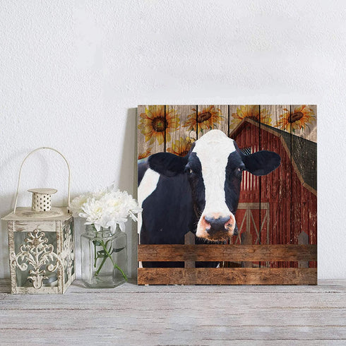 Farmhouse Cow Canvas Print Wall Art Oil Paintings Creative Picture Prints Artwork for Home Bedroom Bathroom Decor,Stretched and Framed Ready to Hang, Country Rustic Wood Barn Fence and Sunflower