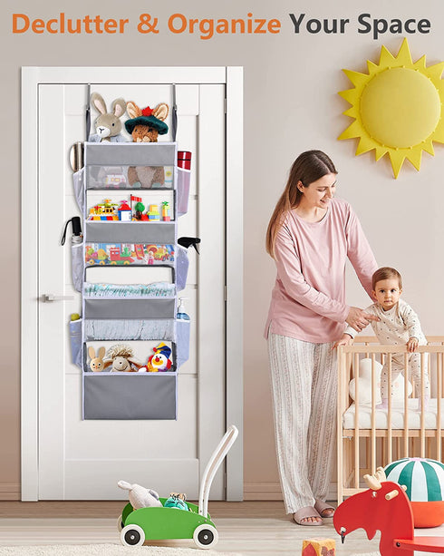 ULG Over The Door Organizer with 4 Large Capacity Pockets and 6 Mesh Pockets, 33lb Capacity Closet Door Hanging Organizer, Nursery Organizers and Storage for Baby Kids Toys, Diapers Organizer