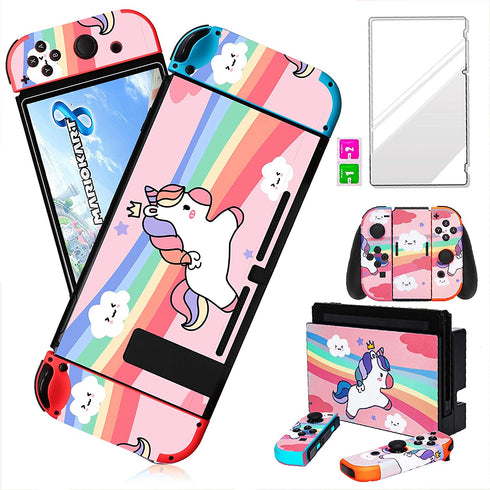oqpa for Nintendo Switch Skin Cute Kawaii Cartoon Character Design Sticker, Funny Fun Fashion Cool Switch Game Skins for Girls Boys Kids Stickers+Tempered Glass Film for Nintendo Switch Pink Unicorn