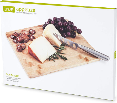 True Appetize Bamboo Cheese Board and Knife Set, Bamboo Wood and Stainless Steel, 12.2" by 10", Cheese Service, Entertaining Gift Set