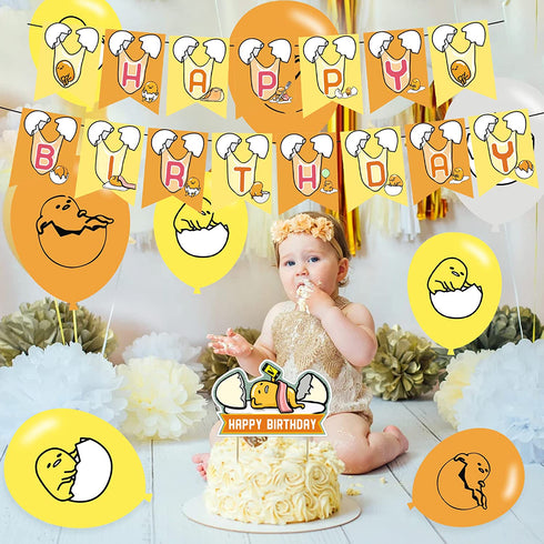 82 Pieces Lazy egg Party Supplies, Gudetama Themed Birthday Party Decoration included Banner, Latex Balloon, Cake Topper, Cupcake Toppers, 50pcs Stickers for Lazy egg Party Decoration.