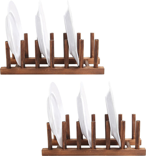 MyGift Brown Wood Dish Drying Rack, Kitchen Countertop Plate Display Holder with 6 Slots, Set of 2