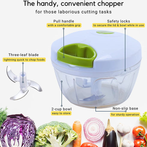 Brieftons Manual Food Chopper, Compact & Powerful Hand Held Pull Vegetable Chopper Blender to Chop Fruits, Vegetables, Herbs, Onions, Garlics for Salsa, Salad, Pesto, Coleslaw, Puree, Indian Cooking