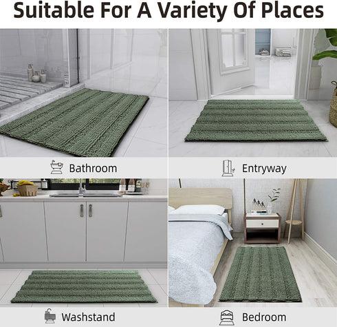 Easy-Going Luxury Chenille Striped Pattern Bath Mat, 20x32 in, Soft Plush Bath Rug, Absorbent Bathroom Rug, Non Slip Perfect Carpet Rugs for Shower, Bedroom, Front Door, Enterway (Greyish Green)