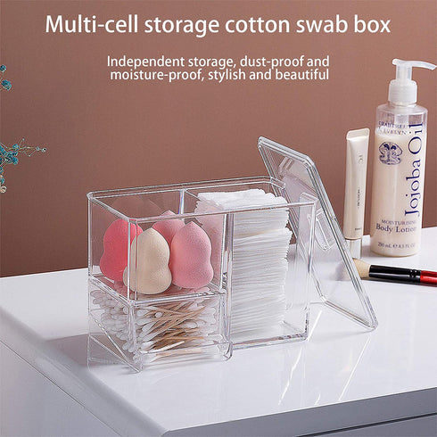 LENNXIER Round Cotton Pads Holder Cotton Balls Swab Holder Container with Lid 4-Grid Q-tip and Cotton Ball Holder Makeup Pad Box Cosmetic Storage Case,Acrylic Crystal Clear