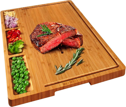 HHXRISE Large Bamboo Cutting Board With 3 Built-In Compartments And Juice Grooves - Kitchen Chopping Board for Meat (Butcher Block) Cheese and Vegetables (L 17 x 12.6")