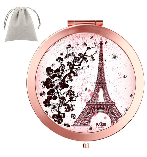 Dynippy Compact Mirror Round Rose Gold Makeup Mirror Folding Mini Pocket Mirror Portable Hand Mirror Double-Sided with 2 x 1x Magnification for Woman Mother Kids Great Gift (Eiffel Tower)