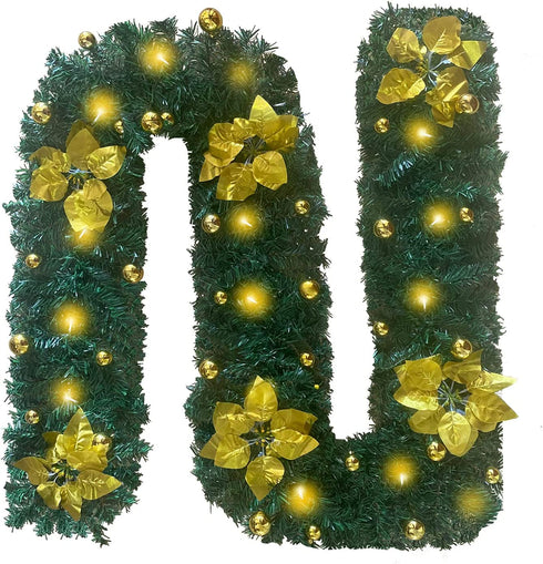 IronBuddy 9ft Lighted Christmas Garland Artificial Pine Garland with 30 LEDs 6 Flowers and 30 Ball Ornaments Mantle Garland Greenery Garland for Christmas Holiday Party Wedding Home Decor (Gold)
