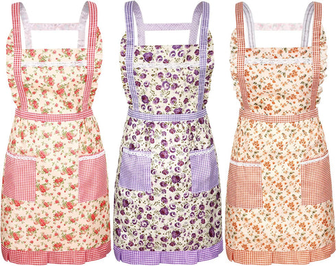 3 Pieces Kitchen Floral Aprons Soft Flower Aprons Women Chef Aprons Adjustable Cooking Aprons with Pockets for Kitchen Cooking Baking Gardening Household Cleaning Supplies, 3 Colors
