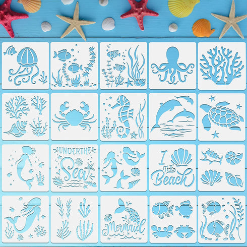 20 Pieces Mermaid Sea Ocean Creatures Stencils Sea Painting Templates Reusable Sea Animal Painting Stencils for DIY Crafts Scrabooking Painting on Wood (13 x 13 cm/ 5.1 x 5.1 Inch)