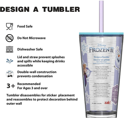 Zak Designs Disney Frozen II Movie Tumbler Set Includes 22oz Sculpt Tumbler and 16oz DIY Sticker Tumbler, Made of Durable Plastic (Elsa, Anna, Olaf, Kristoff, and Nokk, 2-Piece Set, BPA-Free)
