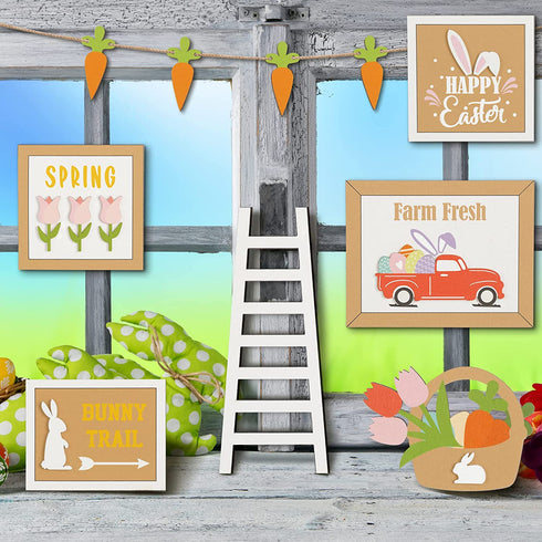 7 Pieces Tiered Tray Decor Set Farmhouse Farm Tiered Tray Decor Items Summer Sunflower Watermelon Bee Lemon Theme Mini Wooden Signs for Easter Graduation Home Kitchen Decorations (Rabbit Style)