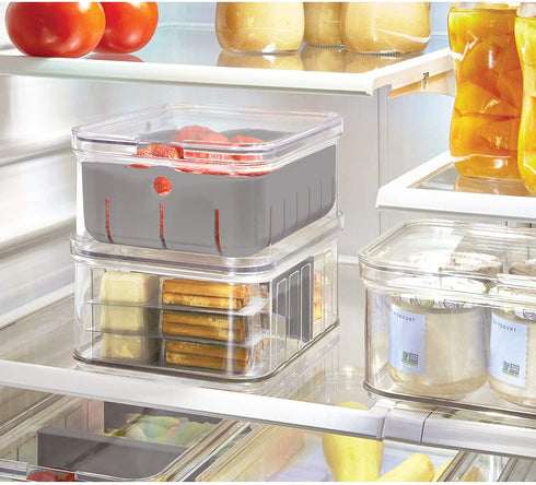 iDesign Crisp Plastic Refrigerator and Pantry Divided Bin, Modular Stacking Food Storage Box for Freezer, Fridge, Office, Cabinet, Bathroom, BPA Free, 8.32" x 6.32" x 3.76", Clear and Gray