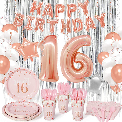 Decorlife 155PCS Sweet 16 Birthday Decorations for Girls, Rose Gold Sweet 16 Birthday Party Supplies Serves 16, Complete Pack Includes Tableware, 40Inch Balloons, Fringe Curtains, Banner