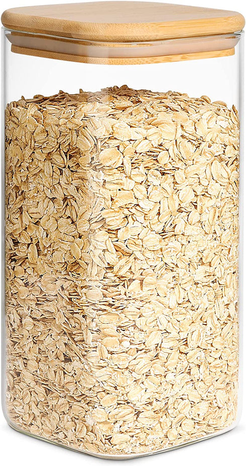 ComSaf Airtight Glass Storage Canister with Wood Lid (50oz), Clear Food Storage Container Jar with Sealing Bamboo Lid for Noodles Flour Cereal Rice Sugar Tea Coffee Beans