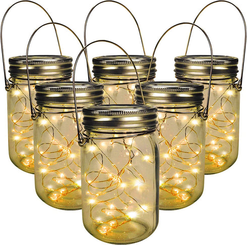 Outdoor Solar Powered Mason Jar Lights 6 Pack Waterproof 30 Mini LED Fairy Star Firefly Garden Table Decorations Patio Lighting Decor Lanterns Backyard Tree Hanging Lawn Porch Decorative Warm White