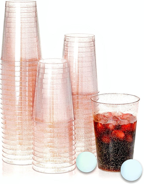 KOPHADOT 12oz Rose Gold Glitter Plastic Cups 50 packs with 2 Party Pong Balls, Disposable and Reusable Elegant Rosegold Cup Glitter Party Drinking Cups for Weddings, Bachelorette Parties, Christmas