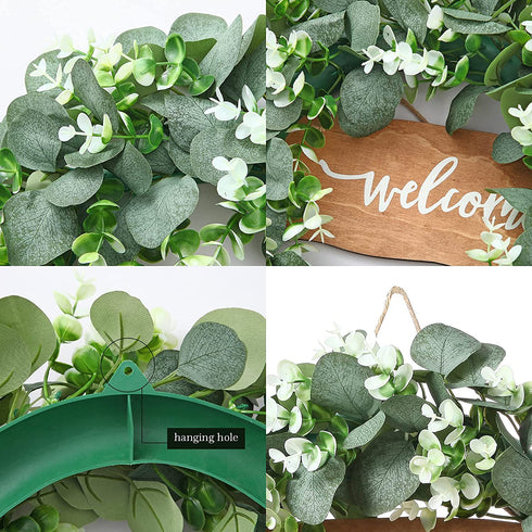 Momkids 18" Eucalyptus Wreath with Welcome Signs Fake Front Door Wreath Faux Eucalyptuses Leaves Hanging Farmhouse Wreath for Living Room Kitchen Balcony Window Porch Wedding Party Decoration