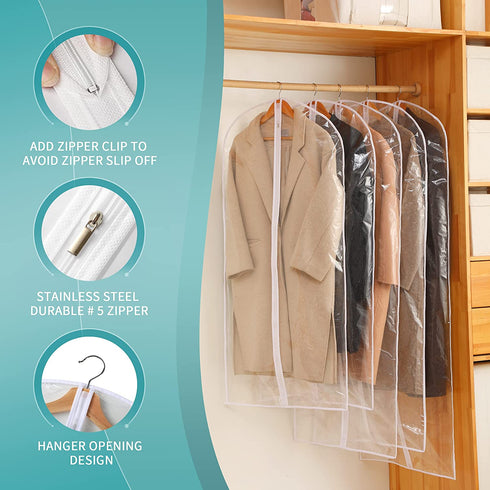 Perber Garment Bags for Hanging Clothes, 6 PCs Clear Garment Bag, Plastic Dustproof Suit Bag, Coat Protector Zippered Garment Covers for Closet Storage and Travel - 24'' x 48''/6 Pack