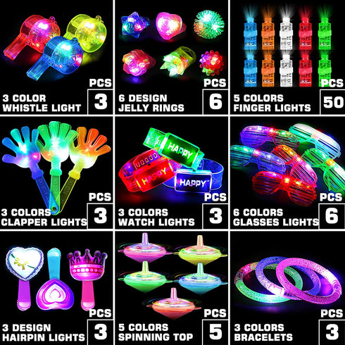 82PCs LED Light Up Toy Bulk Party Favors, Glow in The Dark Party Supplies for Boy Girl with 50 Finger Light,6 Jelly Ring, 6 Glasses,5 Spinning Top, 3 Bracelet,3 Hairpin, 3 Whistle, 3 Clap Laxdacee