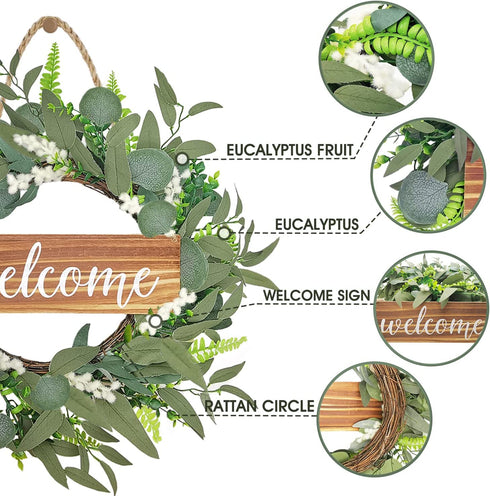 Pinkpum Welcome Sign for Front Door 20 Inch Eucalyptus Welcome Wreaths Outside Spring Front Porch Decor