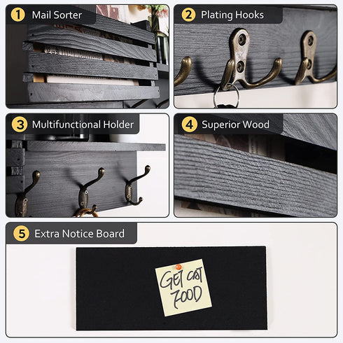 Tikea Mail Holder for Wall - Wood Key Hanger Key Hooks Wall Mount Collapsible Decorative Shelf for Letters, Bills, Entryway Rack, Extra Felt Memo Board