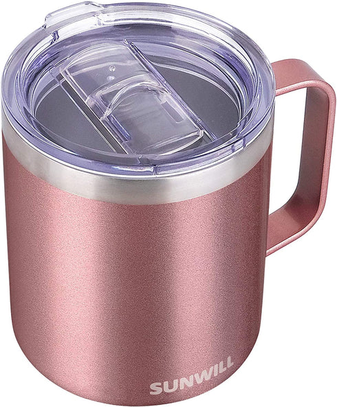 SUNWILL Coffee Mug with Handle, 14oz Insulated Stainless Steel Coffee Travel Mug, Double Wall Vacuum Reusable Coffee Cup with Lid, Rose Gold