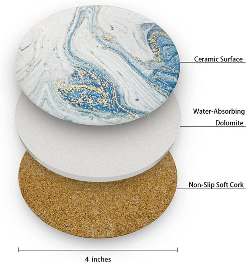 Coasters for Drinks, Round Absorbent Ceramic Stone Coasters Set of 8 with Cork Base, Funny Drink Coasters with Holder for Cold Drinks Wine Mugs and Cups Tabletop Protection, 4 Inches,Teal Marble