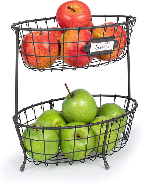 Spectrum Diversified Vintage Living Oval Server Stacked, 2-Tier Bowls, Dining Table & Kitchen Counter Organizer, Modern Fruit Basket Stand, Industrial Gray