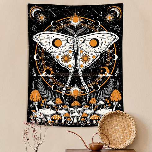 Rexful Mushroom Tapestry, Moth Tapestry Wall Hanging Sun and Moon Tapestries for Bedroom, Stars Constellation Aesthetic Art Tapestry for Living Room (60''×80'')