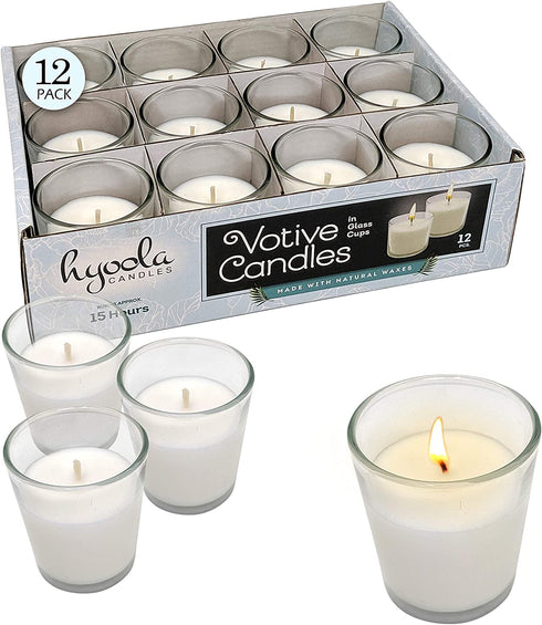 White Votive Candles - 12 Pack - Clear Glass Cups, Unscented, Extra Long 15 Hour Burn Time - for Party Decorations, Birthday, Wedding and Dinner Centerpieces - Hyoola