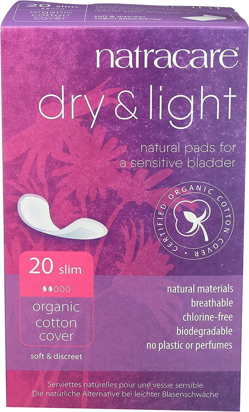 Natracare Dry & Light, Slim, Natural and Absorbent Pads with Organic Cotton Cover for Light Urinary Incontinence (1 Pack, 20 Pads Total)