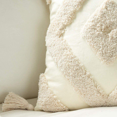 Woven Tufted Boho Throw Pillow Cover Set of 2, Modern Decorative Geometric Diamond Chevron Cushion with Tassels, Farmhouse Tribal Pillowcase for Couch Sofa Bedroom Living Room, 18 x 18 Inches, Ivory
