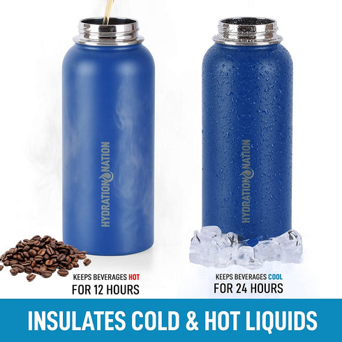 Hydration Nation 18oz, 32oz, or 40oz Vacuum Insulated Water Bottle - Metal Water Bottle For Sports & Outdoor - Thermo Stainless Steel Water Bottle With Straw & 3 Lids For Hot & Cold Drinks (Blue)