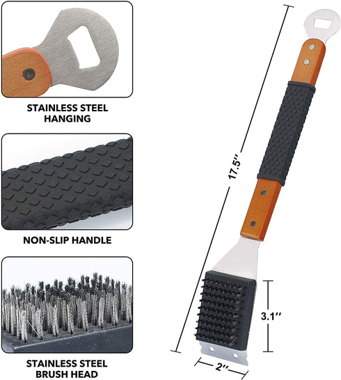 M.P.I cooper Grill Cleaning Brush and Scraper, Best BBQ Wire Bristles Brush for Grill Cleaning, Long Wooden Rubber Handle for Comfortable Safe and Strong Grip with Bottle Opener Tool